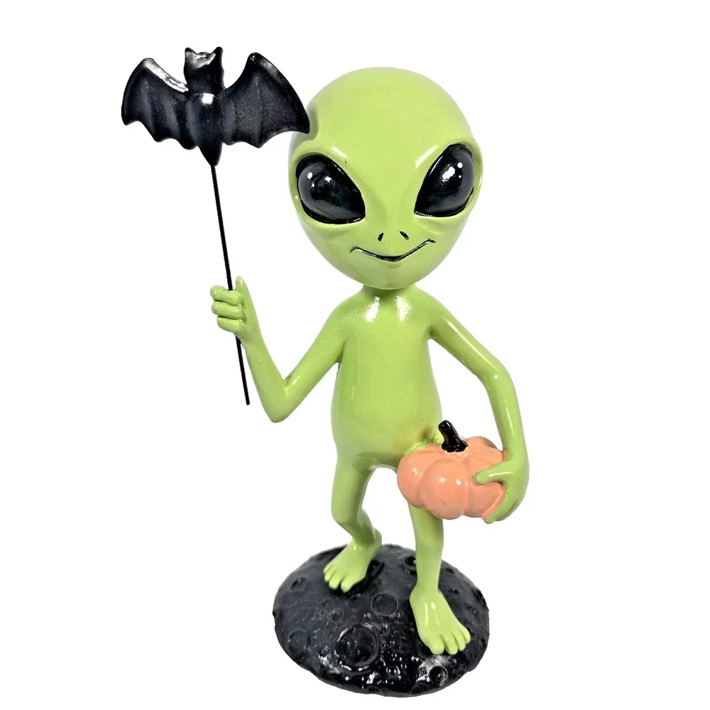 Green Alien Figurine Pumpkin Bat Lab No 10.31 Halloween Decor Spooky Cute